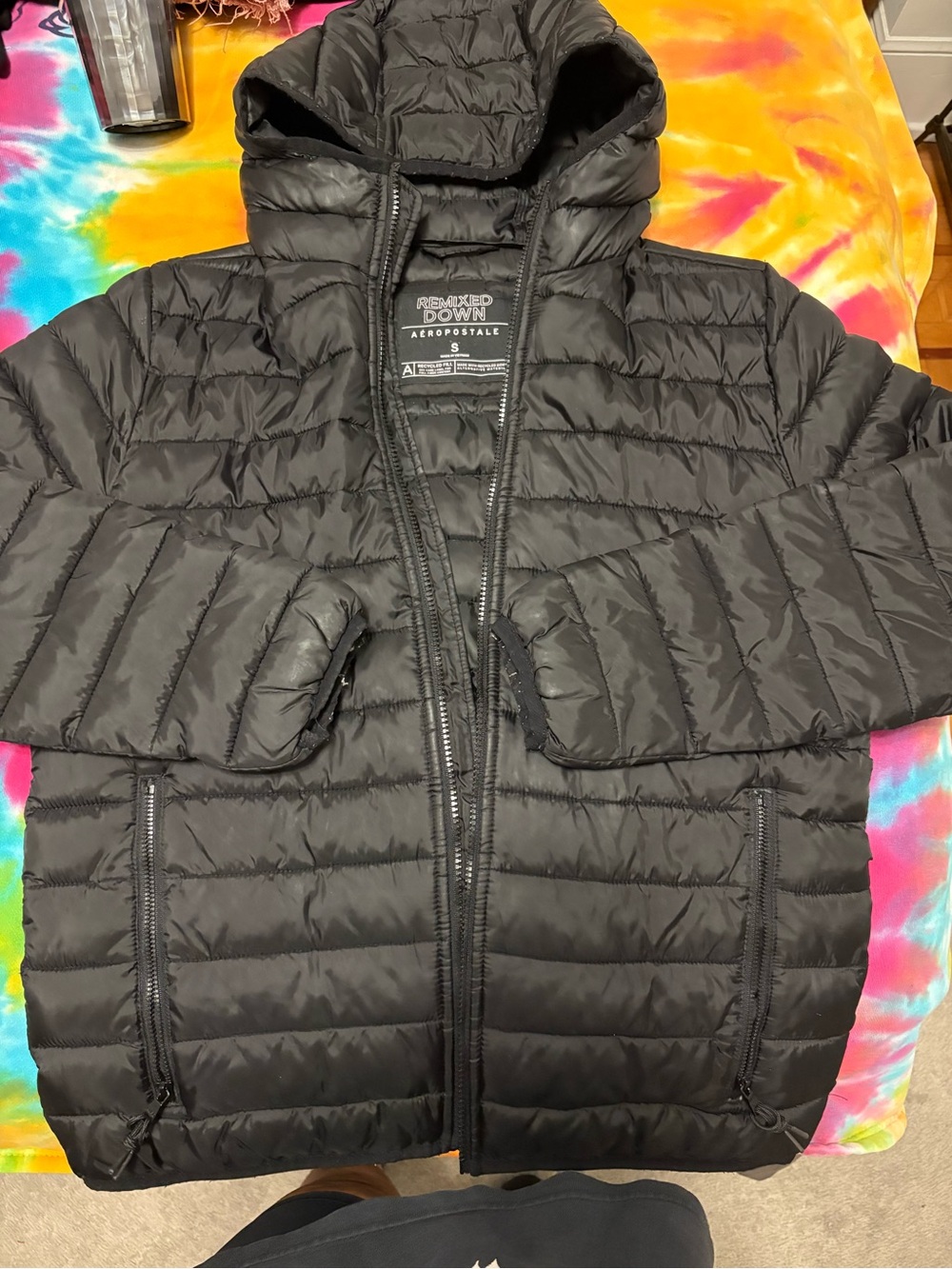 Aeropostale Men's Black Hooded Packable Puffer Jacket Size small